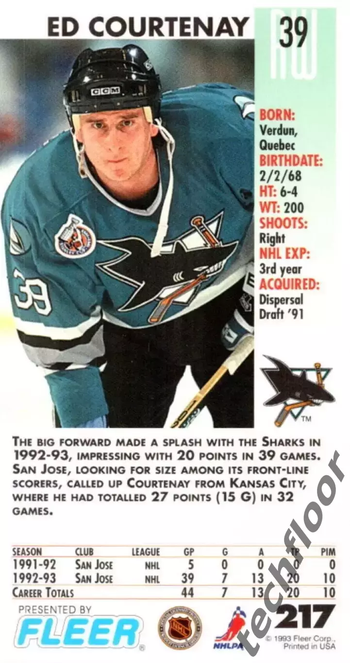 Карточка NHL Ed Courtenay San Jose Sharks/Эд Кортни Сан-Хосе НХЛ 1
