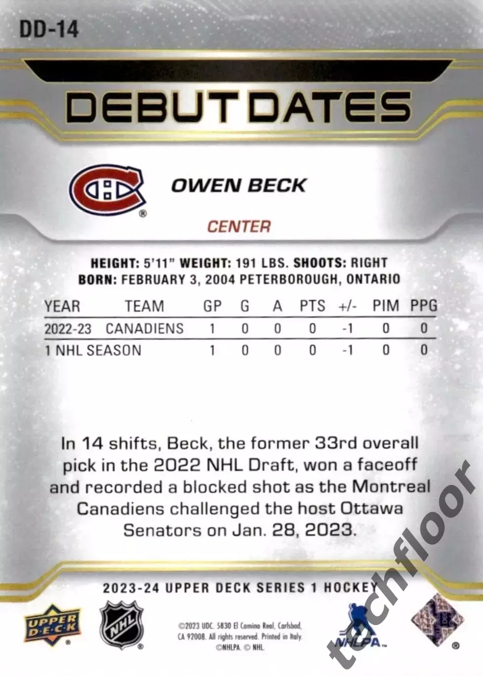 Карточка NHL Owen Beck Montreal Canadiens / Оуэн Бек Монреаль НХЛ 1