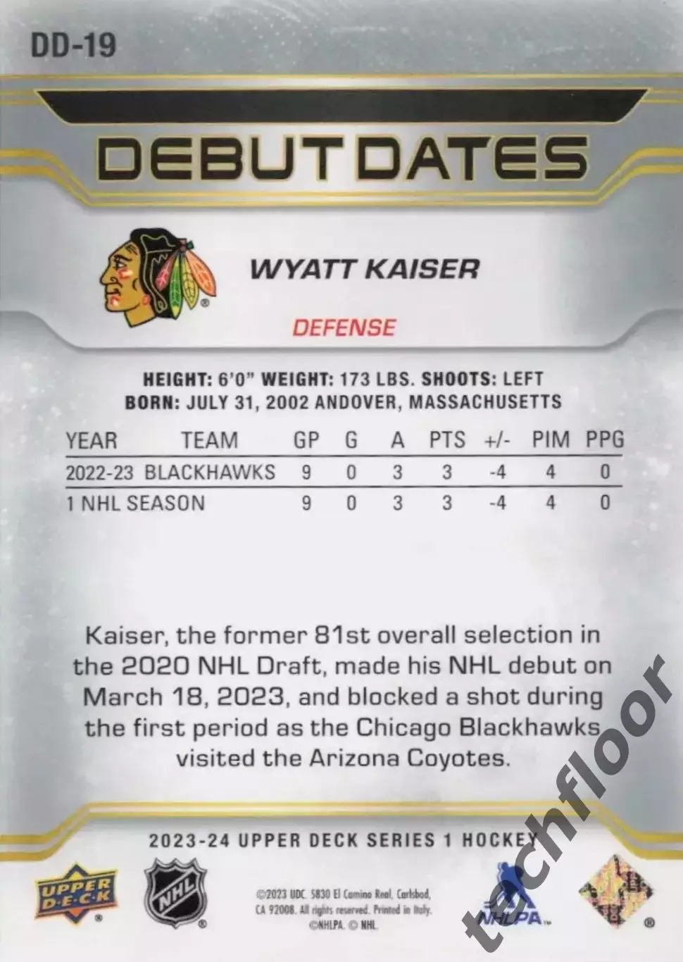 Карточка NHL Wyatt Kaiser Chicago Blackhawks/Уайатт Кайзер Чикаго НХЛ 1