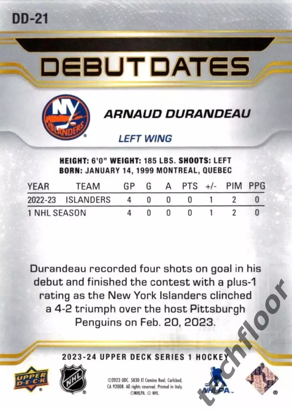 Карточка NHL Arnaud Durandeau New York Islanders/Арно Дюрандо Айлендерс НХЛ 1