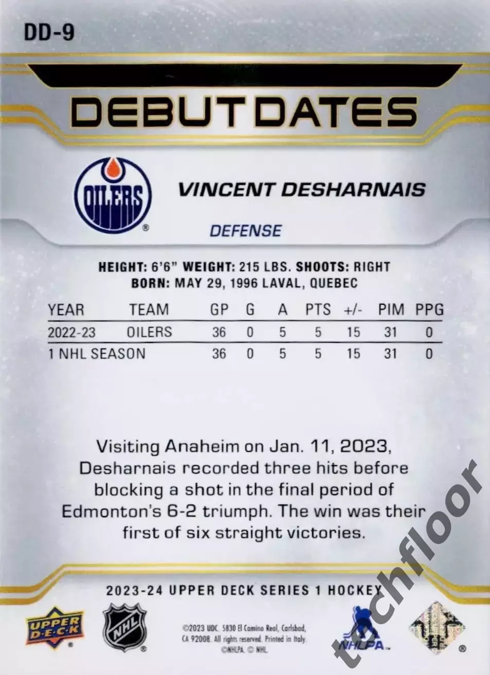 Карточка NHL Vincent Desharnais Edmonton Oilers /Винсент Деарне Эдмонтон НХЛ 1