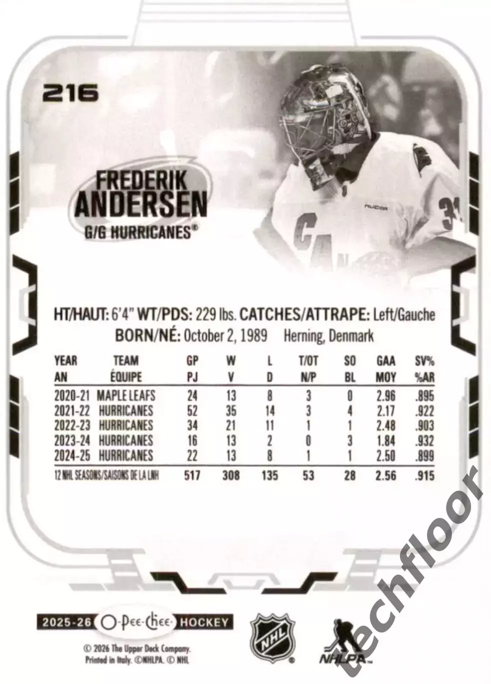 Карточка NHL Frederik Andersen Carolina Hurricanes/ Фредерик Андерсен Каролина 1