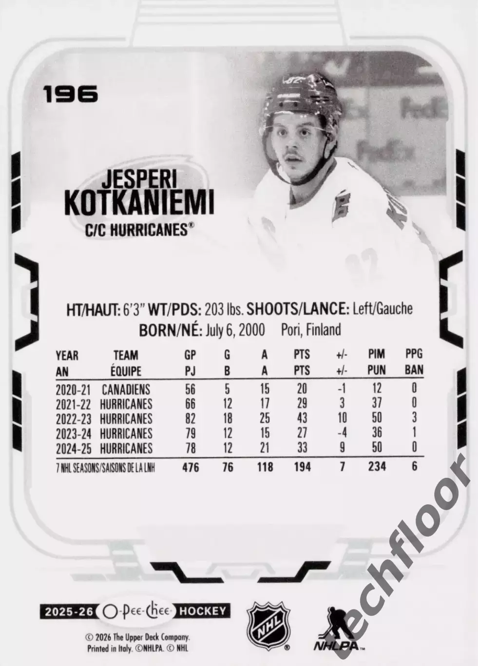 Карточка NHL Jesperi Kotkaniemi Carolina Hurricanes/Йеспери Котканиеми НХЛ 1