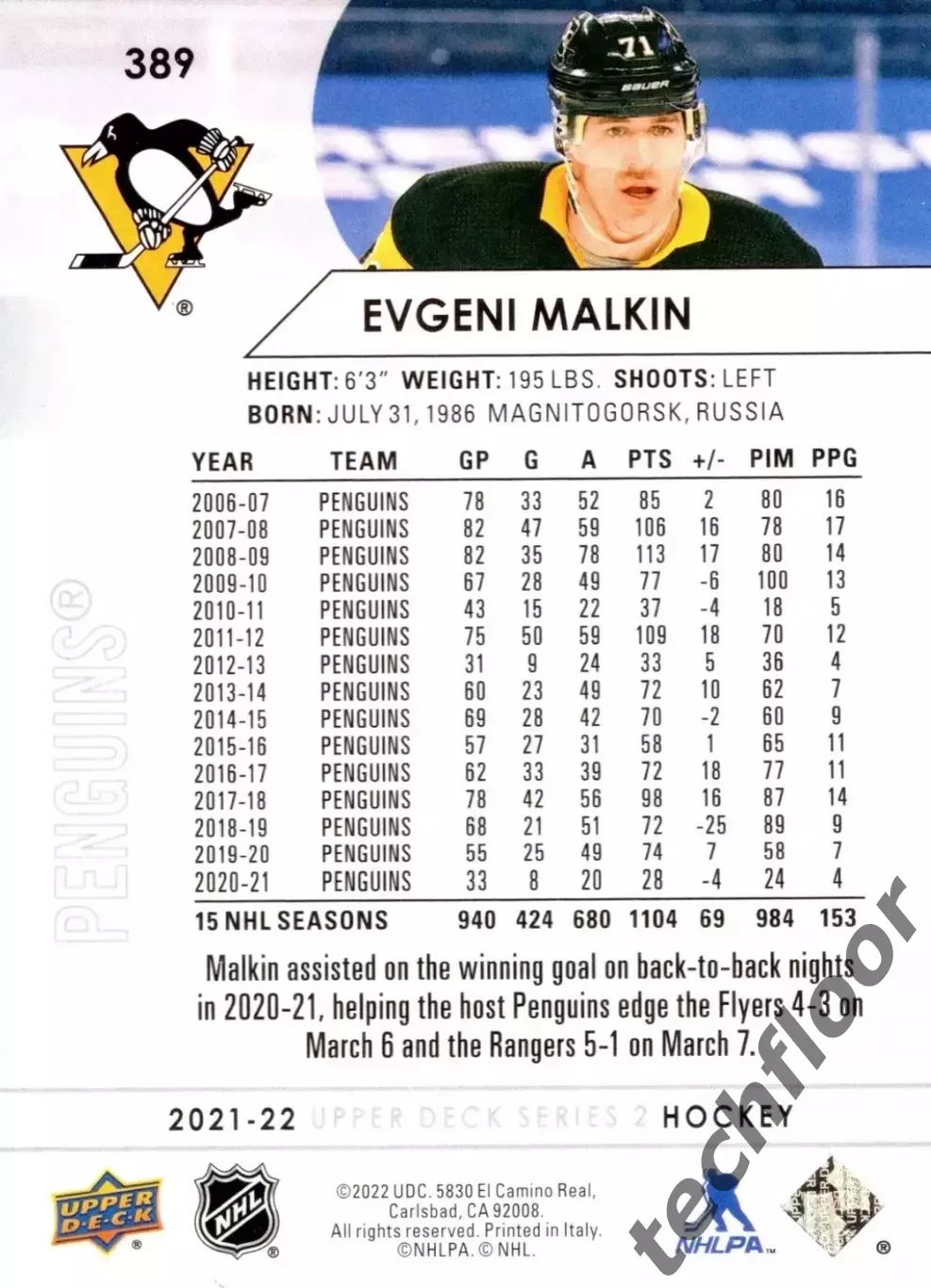 Карточка NHL Evgeni Malkin Pittsburgh Penguins/ Евгений Малкин Питтсбург НХЛ 1