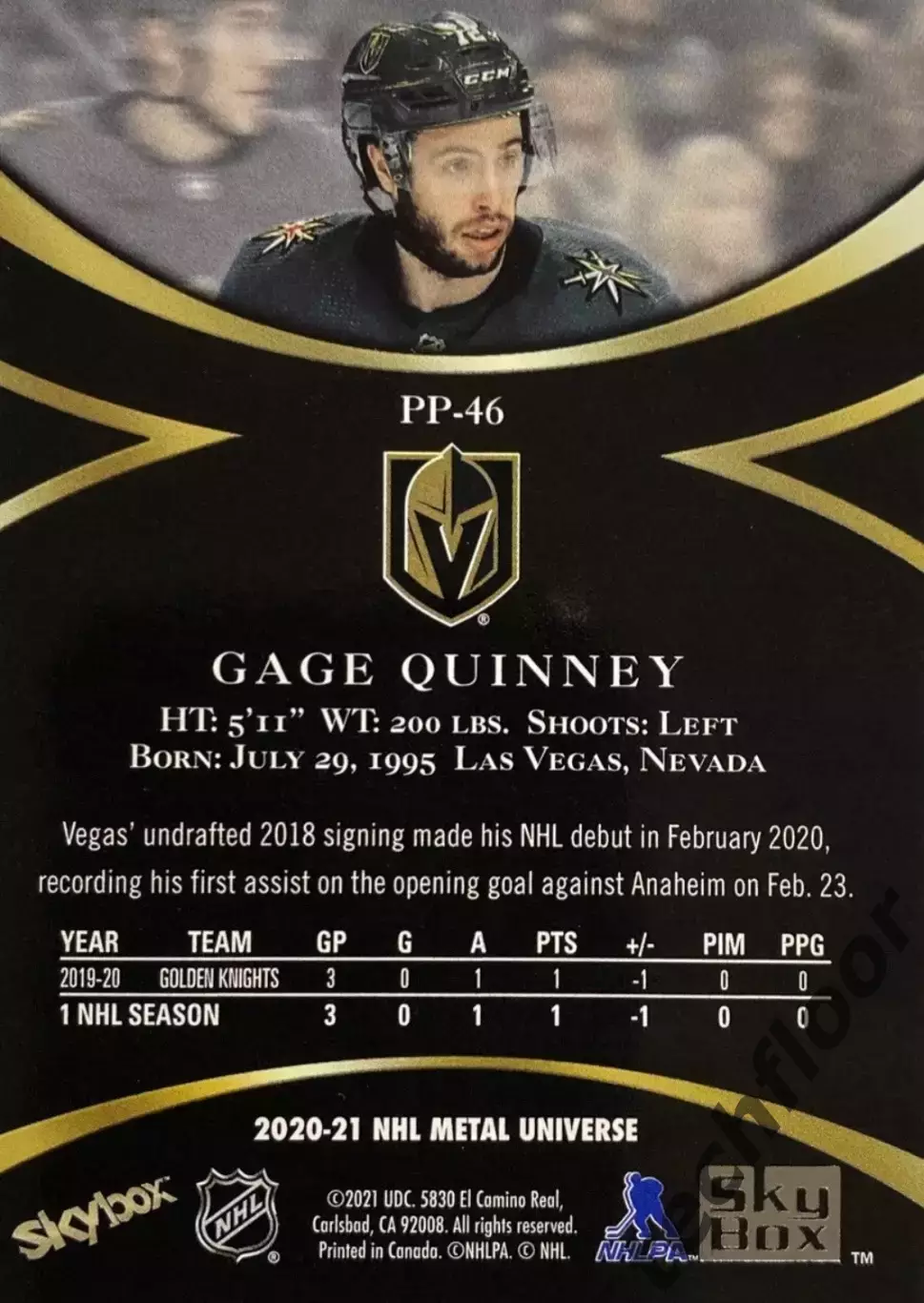 Карточка NHL Gage Quinney Vegas Golden Knights/Гейдж Куинни Вегас НХЛ 1