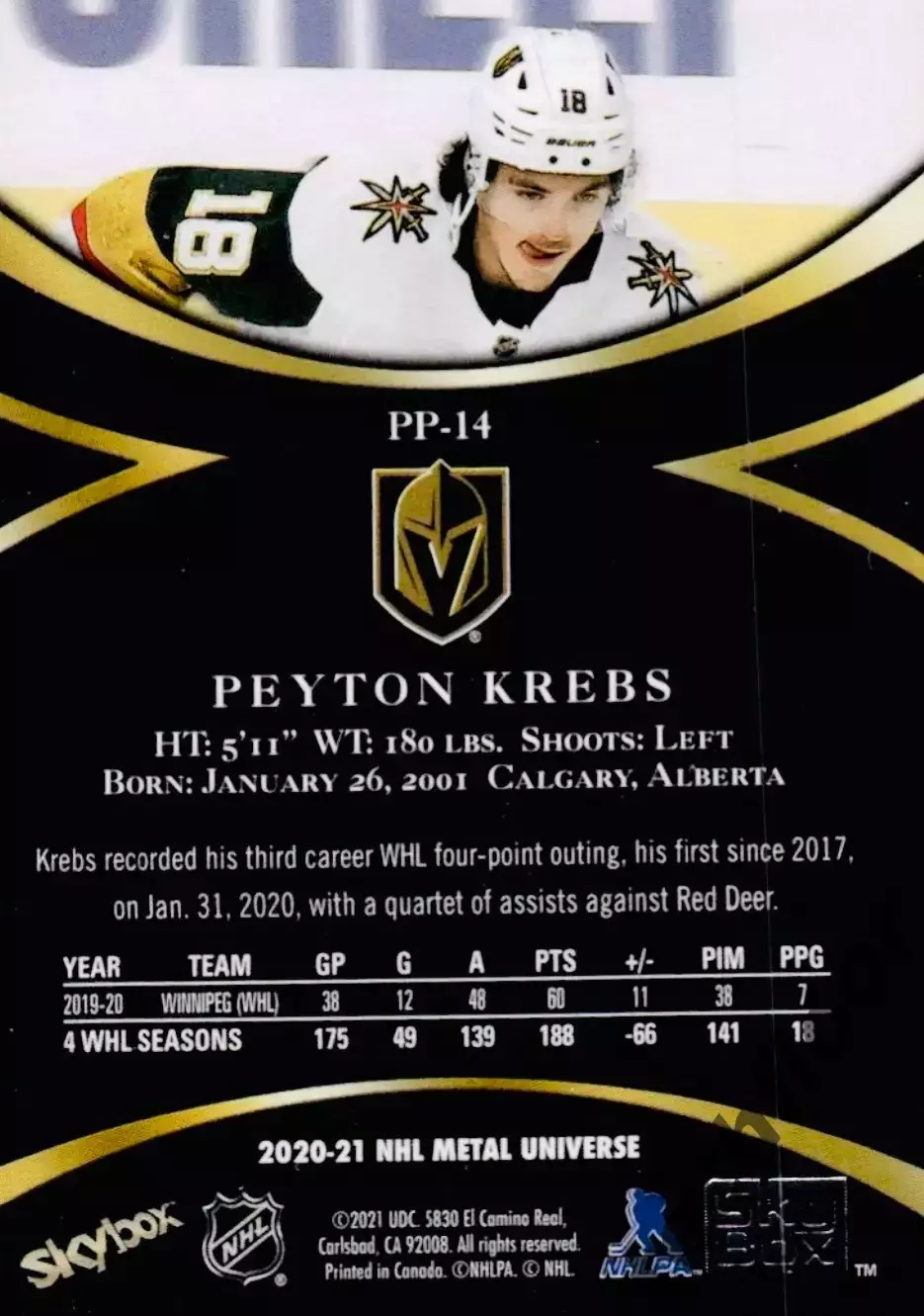 Карточка NHL Peyton Krebs Vegas Golden Knights/ Пейтон Кребс Вегас НХЛ 1