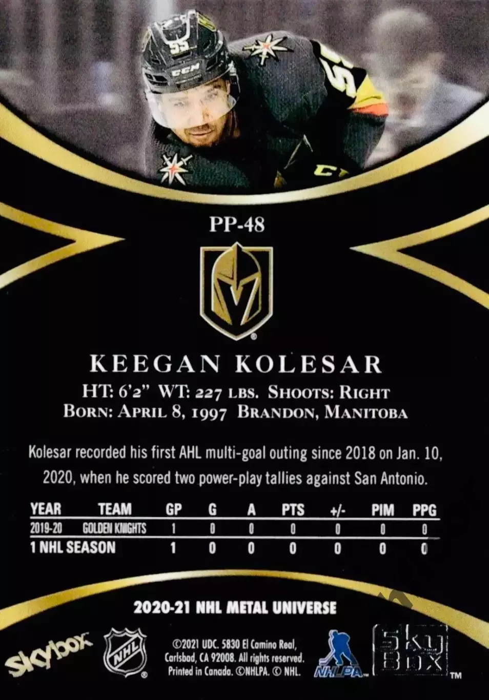 Карточка NHL Keegan Kolesar Vegas Golden Knights/Кигэн Колесар Вегас НХЛ 1