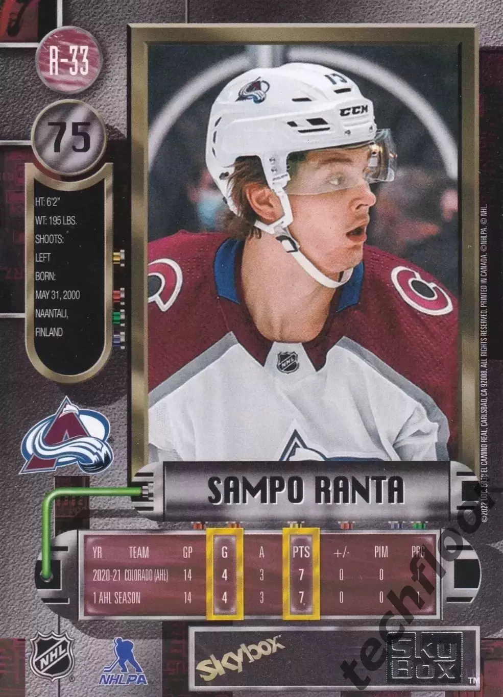 Карточка NHL Sampo Ranta Colorado Avalanche/ Сампо Ранта Колорадо НХЛ 1