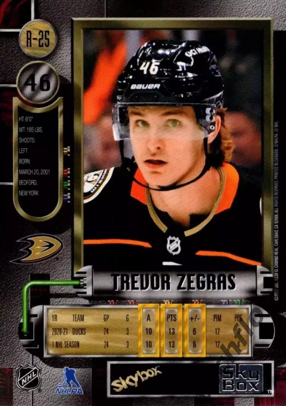 Карточка NHL Trevor Zegras Anaheim Ducks/ Тревор Зеграс Анахайм НХЛ 1