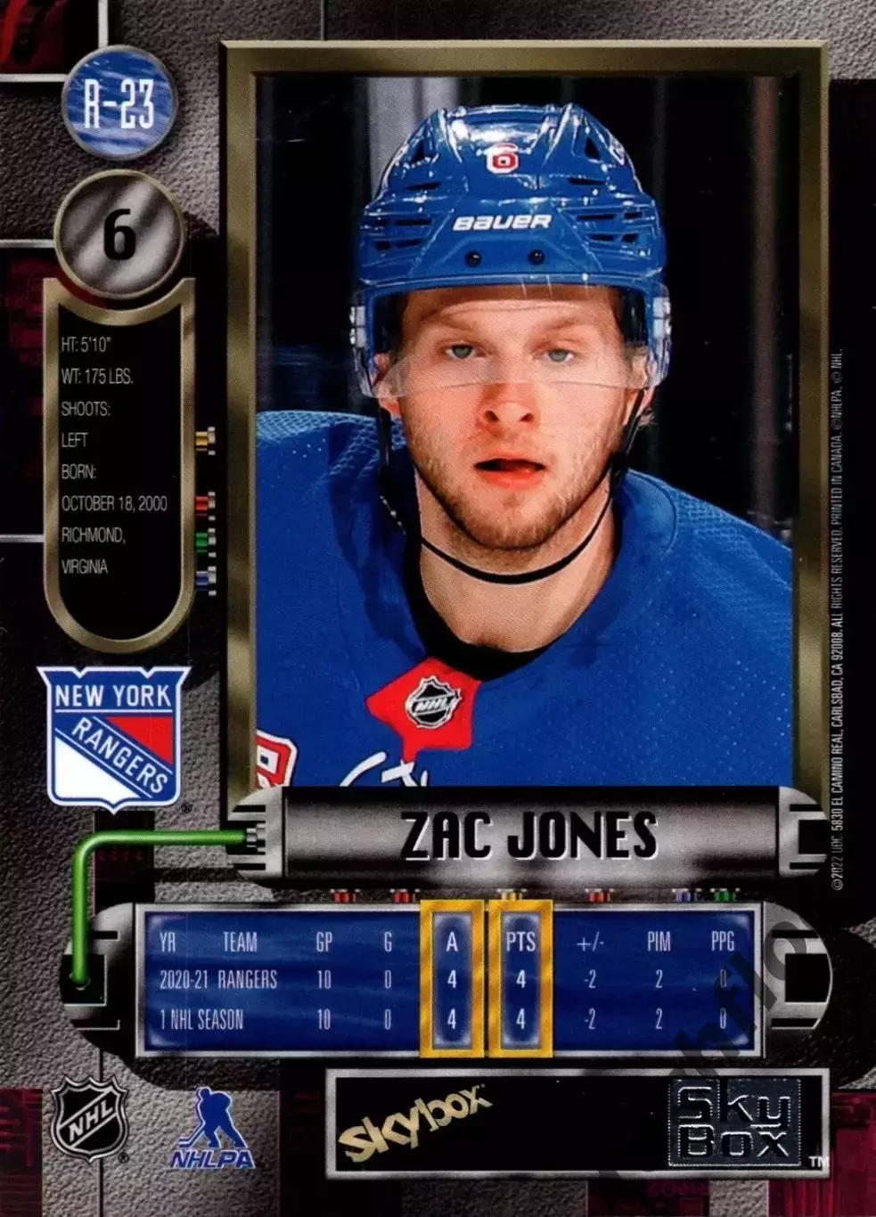 Карточка NHL Zac Jones New York Rangers/Зак Джонс Рейнджерс НХЛ 1