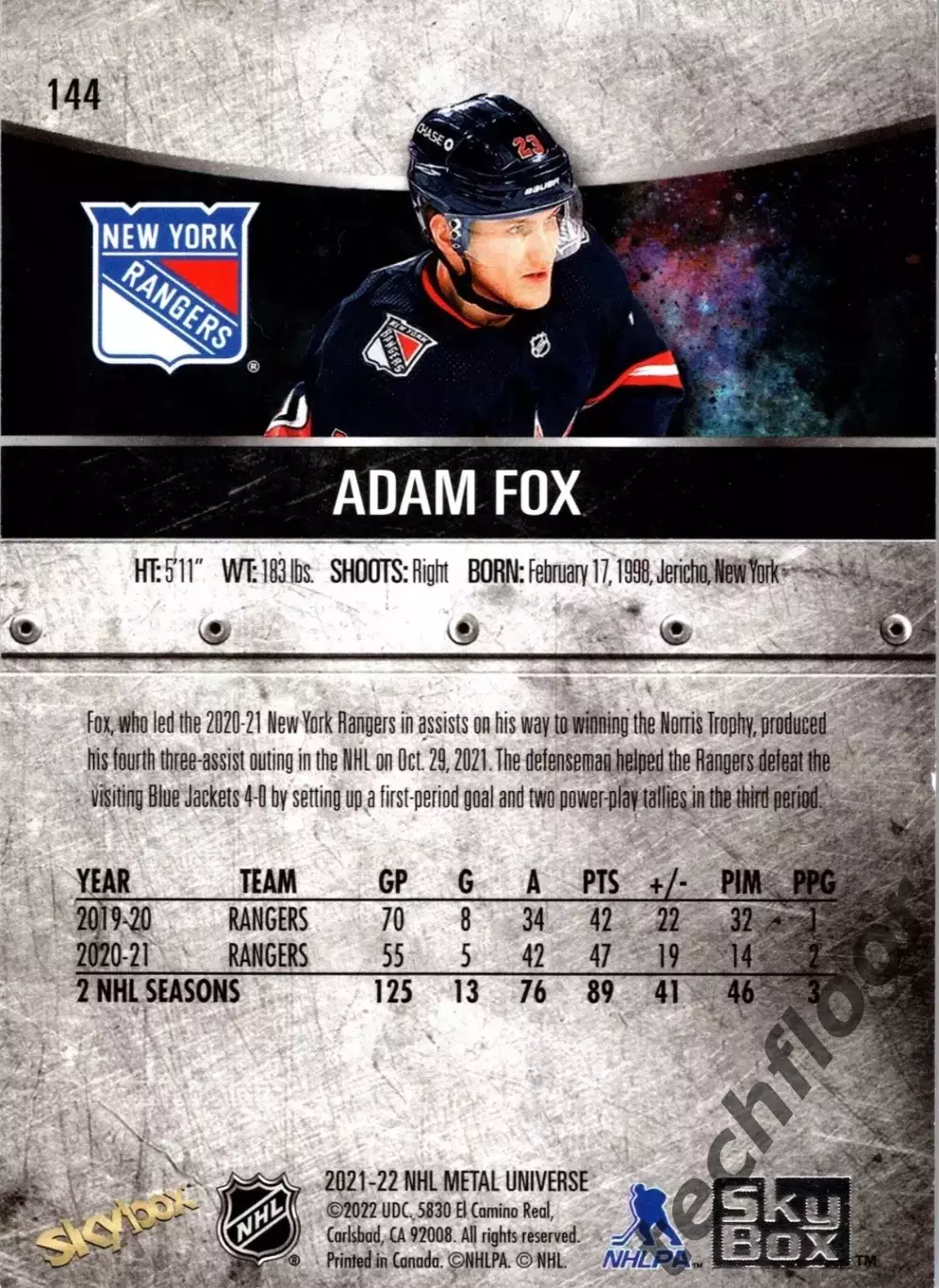 Карточка NHL Adam Fox New York Rangers /Адам Фокс Рейнджерс НХЛ 1