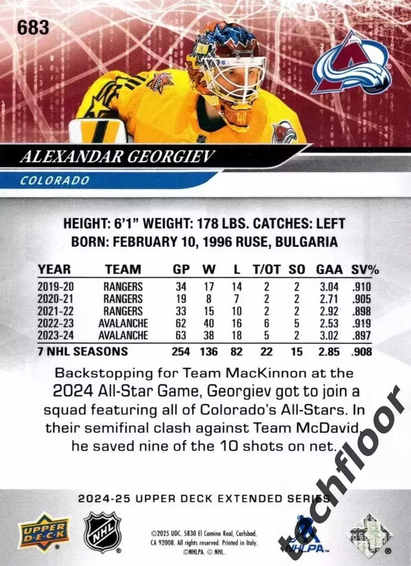Карточка NHL Alexander Georgiev Colorado Avalanche/Александер Георгиев Колорадо 1