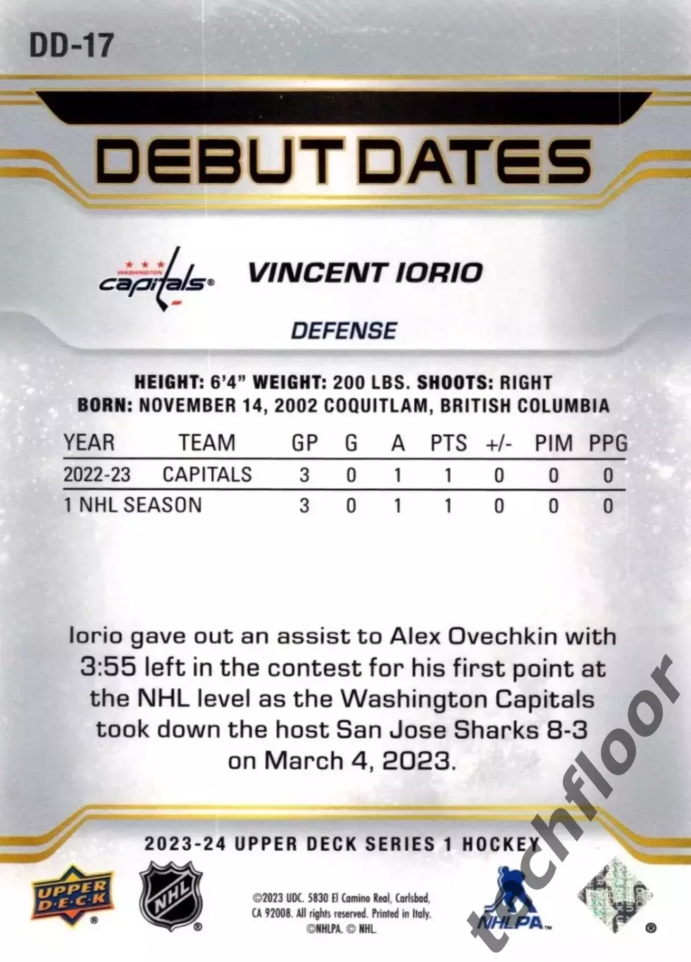 Карточка NHL Vincent Iorio Washington Capitals/Винсент Иорио Вашингтон НХЛ 1