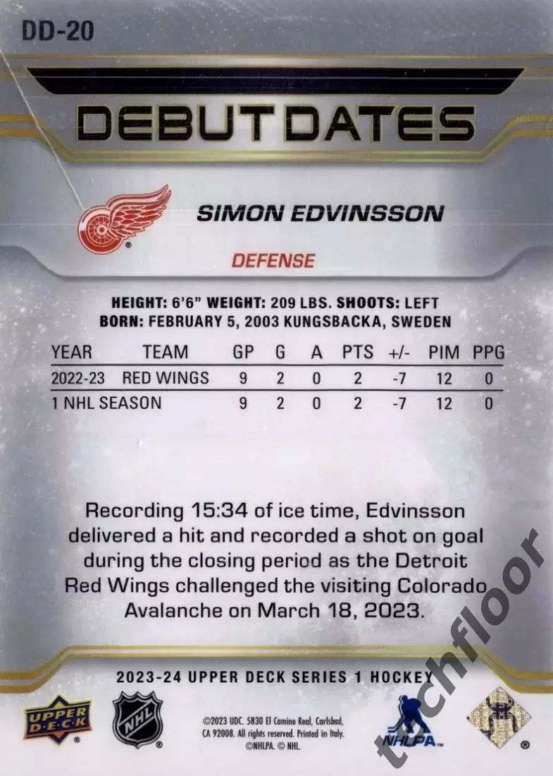 Карточка NHL Simon Edvinsson Detroit Red Wings/ Симон Эдвинссон Детройт НХЛ 1