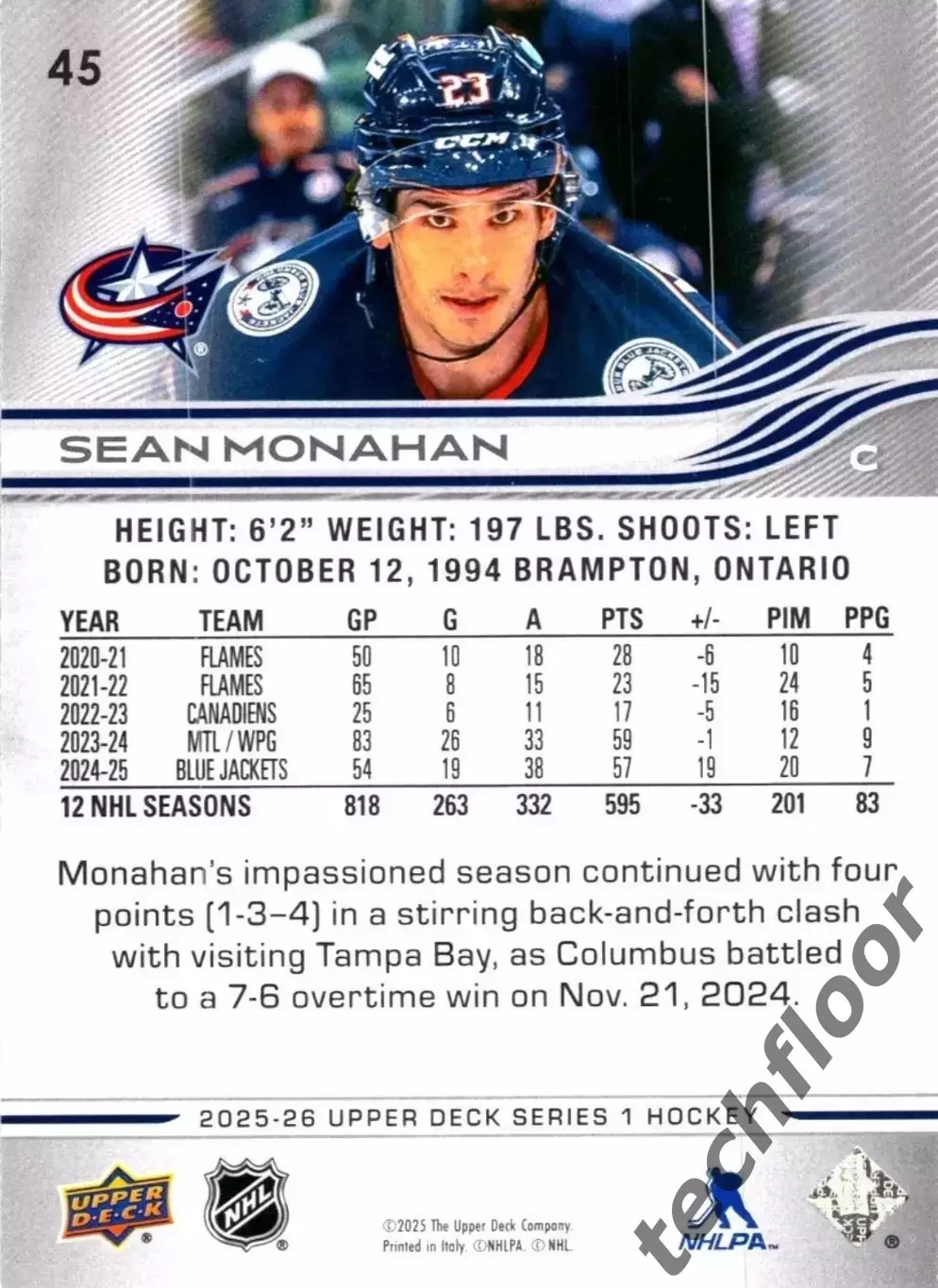 Карточка NHL Sean Monahan Columbus Blue Jackets/Шон Монахан Коламбус НХЛ 1