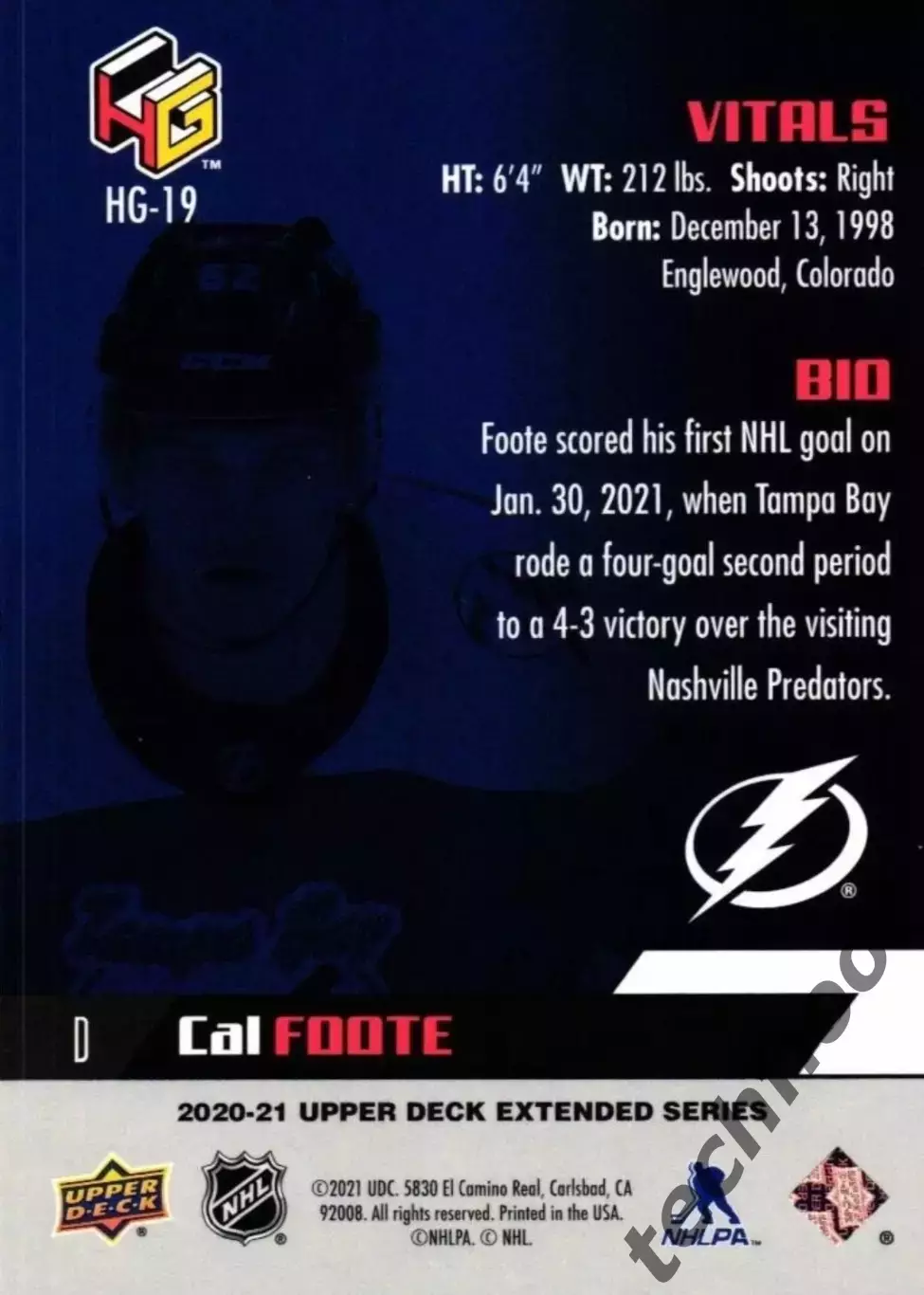 Карточка NHL Cale Foote Tampa Bay Lightning/Кэл Фут Тампа НХЛ 1