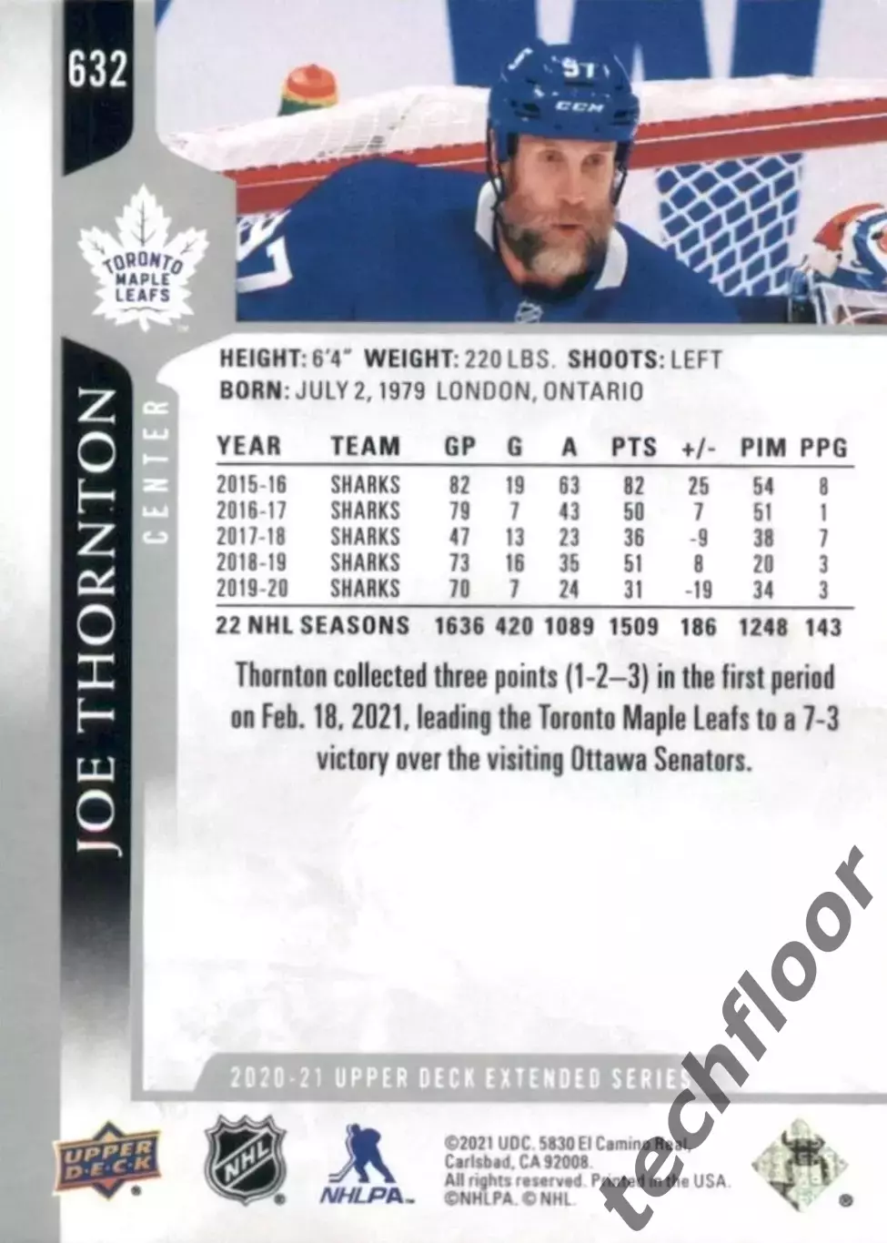 Карточка NHL Joe Thornton Toronto Maple Leafs/Джо Торнтон Торонто НХЛ 1