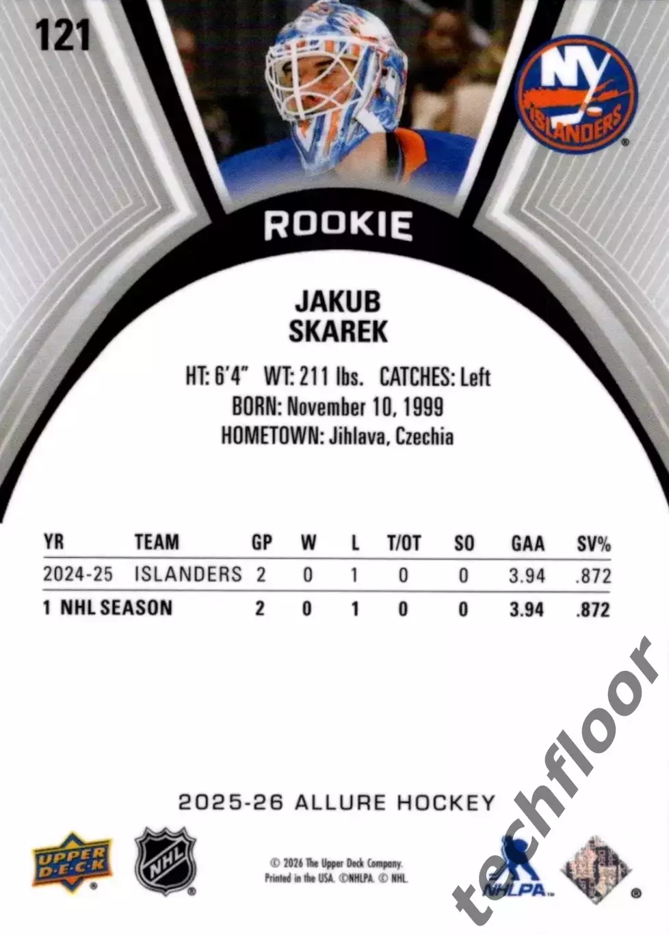 Карточка NHL Jakub Skarek New York Islanders/Якуб Шкарек Айлендерс НХЛ 1