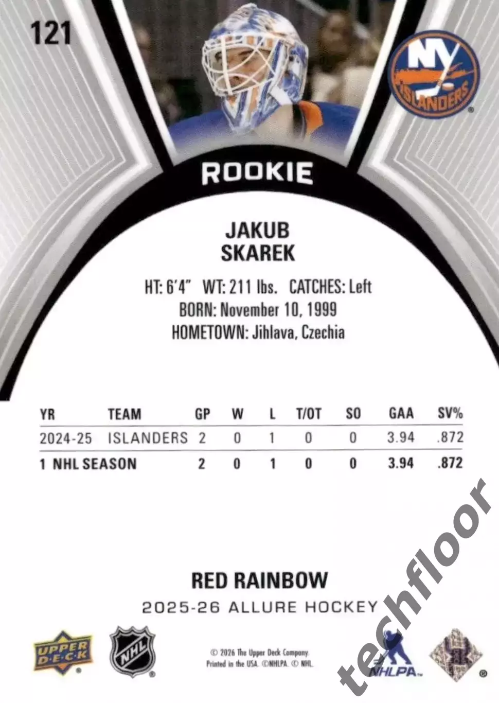 Карточка NHL Jakub Skarek New York Islanders /Якуб Шкарек Айлендерс НХЛ 1