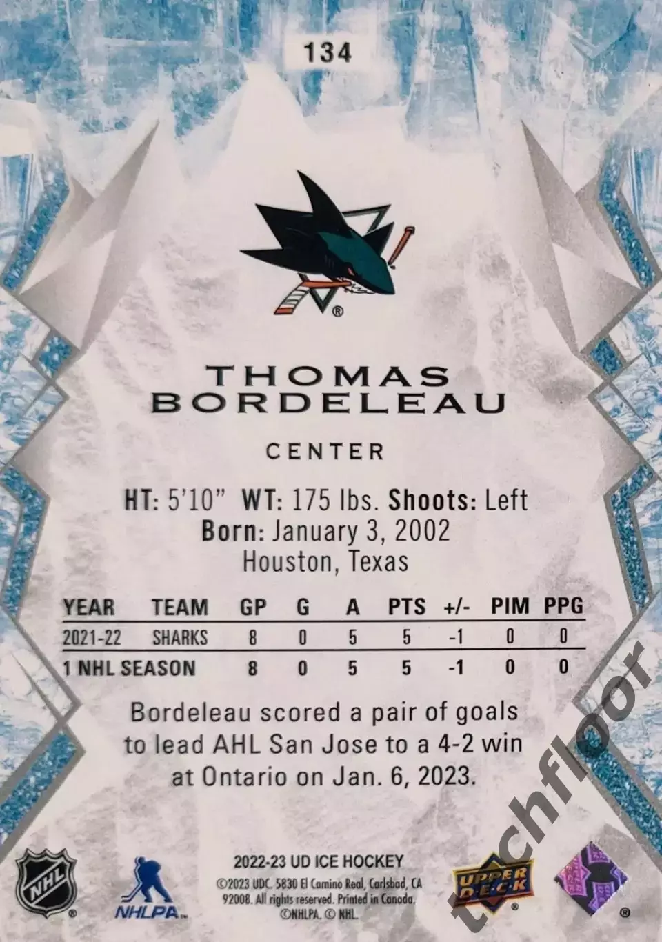 Карточка NHL Thomas Bordeleau San Jose Sharks/ Томас Бордело Сан-Хосе НХЛ 1
