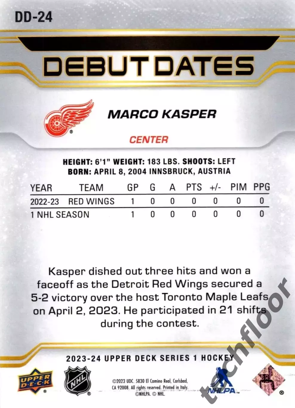 Карточка NHL Marco Kasper Detroit Red Wings /Марко Каспер Детройт НХЛ 1