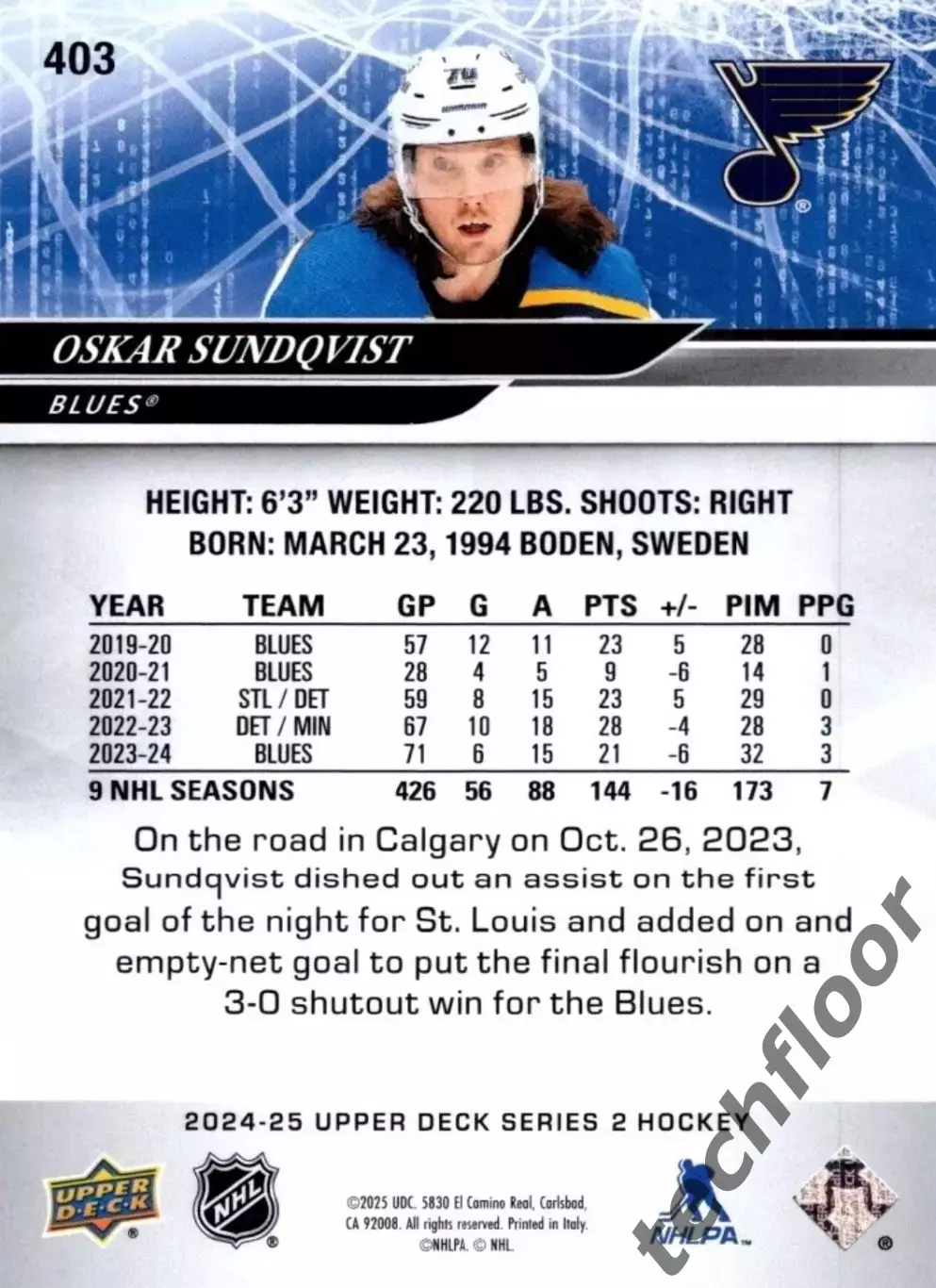 Карточка NHL Oskar Sundqvist St. Louis Blues/ Оскар Сундквист Сент-Луис НХЛ 1