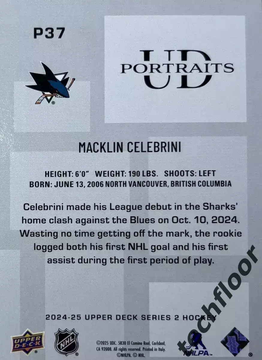 Карточка NHL Macklin Celebrini San Jose Sharks/Маклин Селебрини Сан-Хосе НХЛ 1