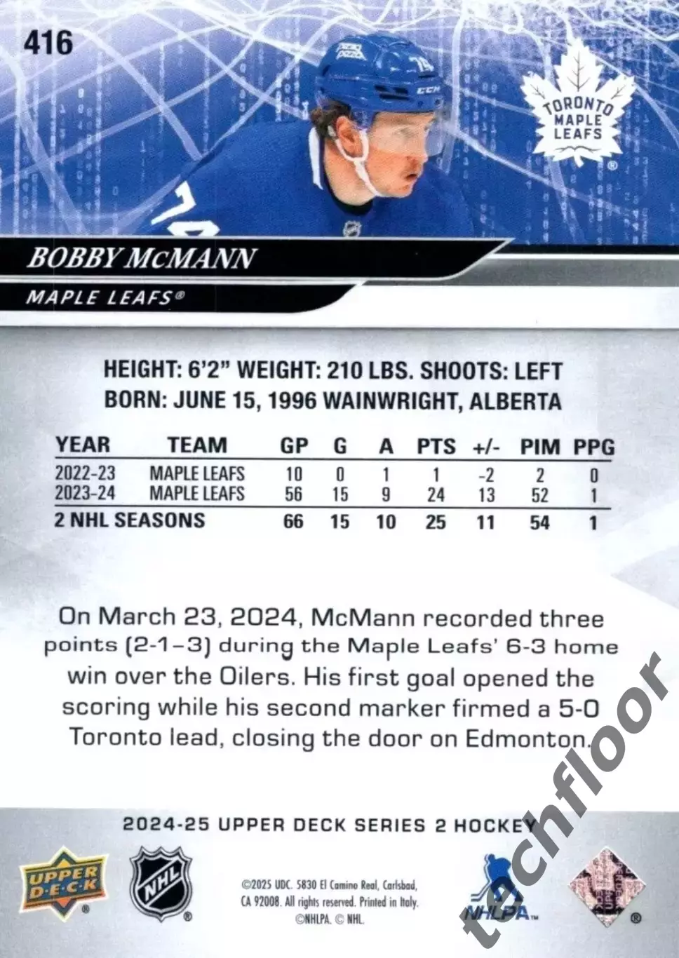 Карточка NHL Bobby McMann Toronto Maple Leafs/Бобби Макмэнн Торонто НХЛ 1
