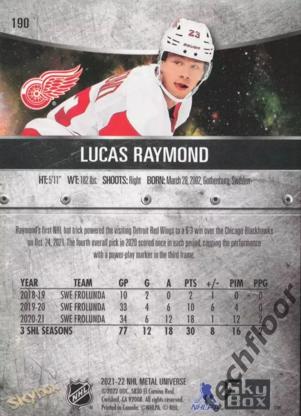 Карточка NHL Lucas Raymond Detroit Red Wings / Лукас Рэймонд Детройт НХЛ 1