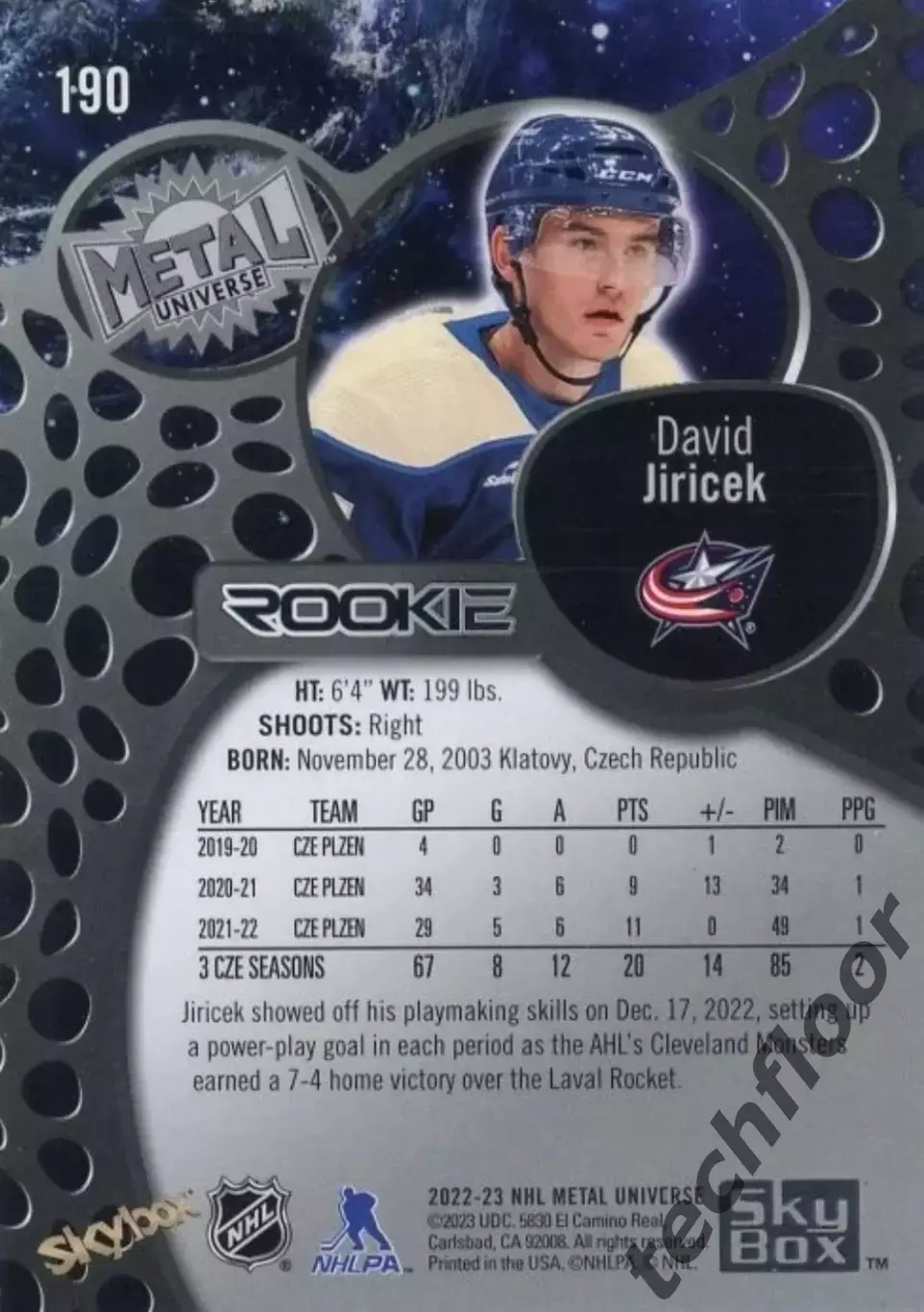 Карточка NHL David Jiricek Columbus Blue Jackets/Давид Иржичек Коламбус НХЛ 1