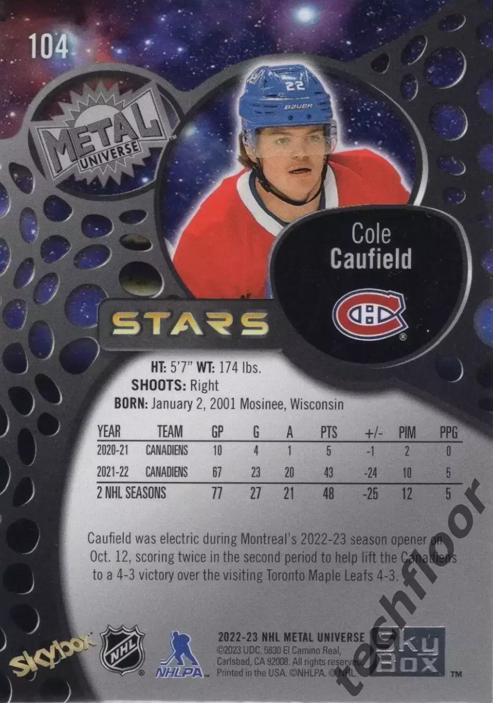 Карточка NHL Cole Caufield Montreal Canadiens/Коул Кофилд Монреаль НХЛ 1
