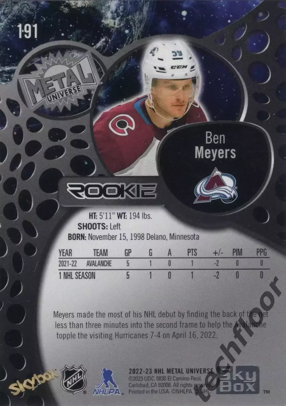 Карточка NHL Ben Meyers Colorado Avalanche/Бен Мейерс Колорадо НХЛ 1