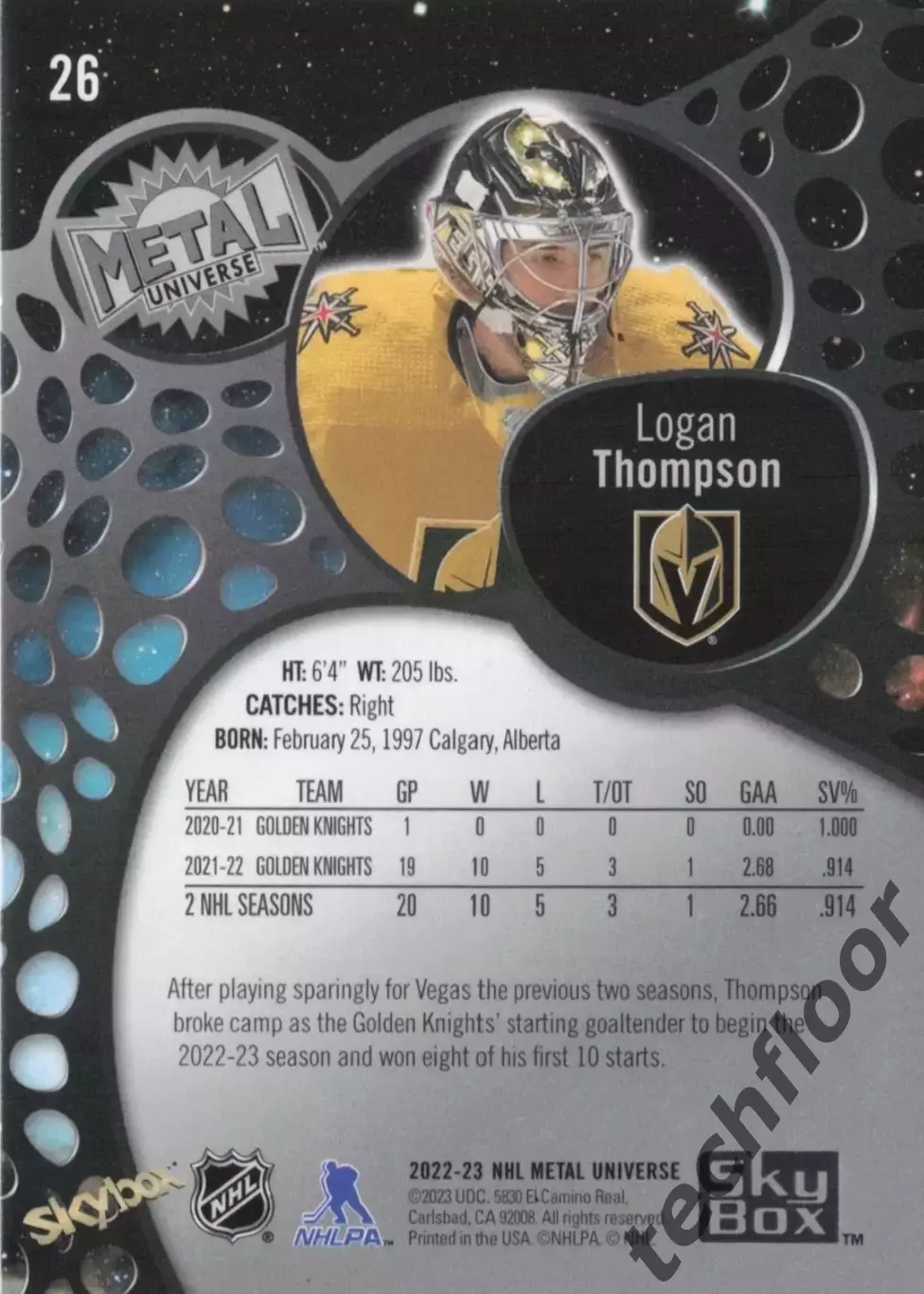 Карточка NHL Logan Thompson Vegas Golden Knights/ Логан Томпсон Вегас НХЛ 1