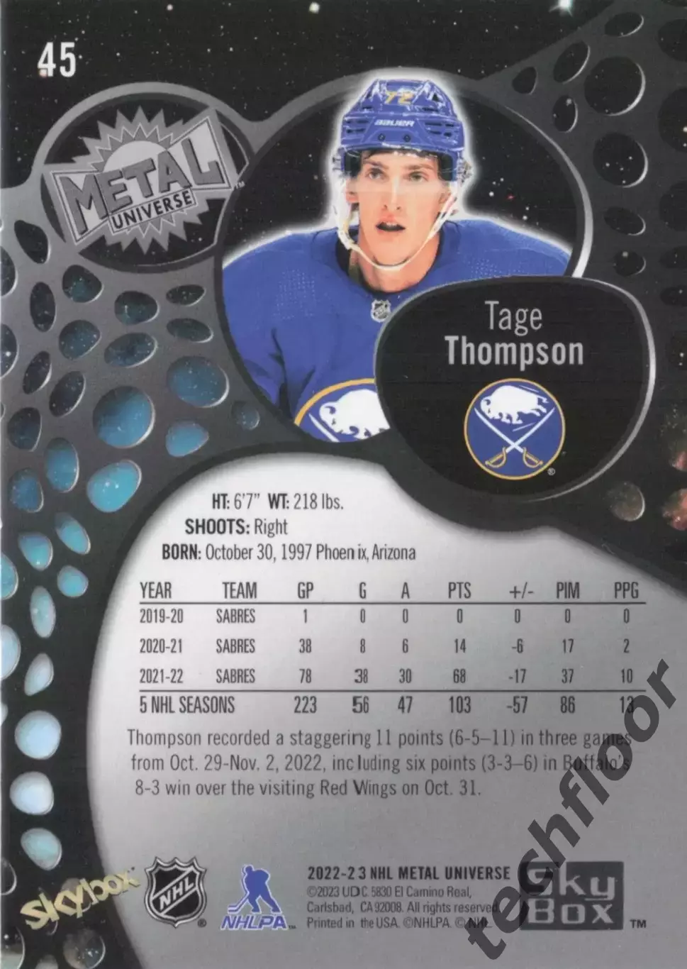 Карточка NHL Tage Thompson Buffalo Sabres / Тейдж Томпсон Баффало НХЛ 1