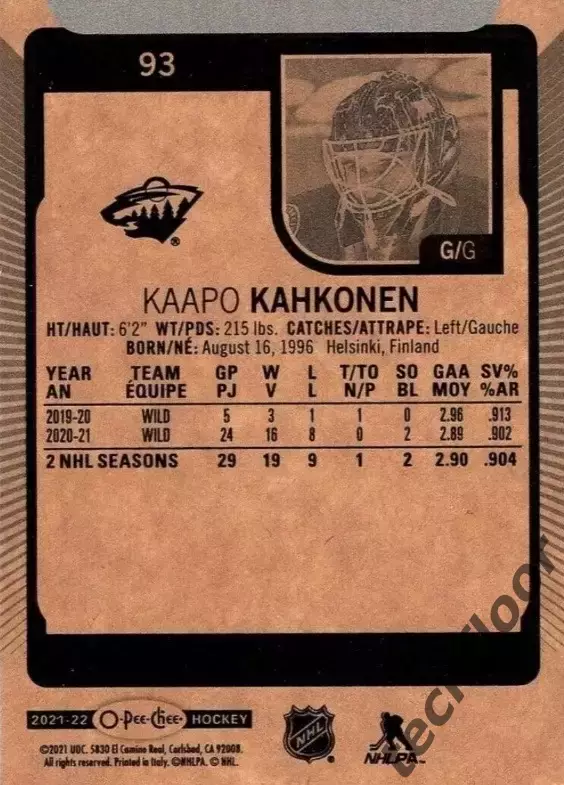 Карточка NHL Kaapo Kahkonen Minnesota Wild/Каапо Кяхкёнен Миннесота НХЛ 1