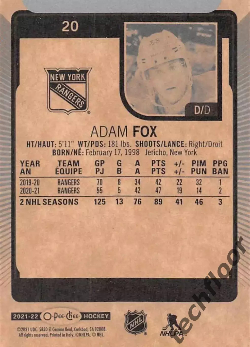 Карточка NHL Adam Fox New York Rangers /Адам Фокс Рейнджерс НХЛ 1