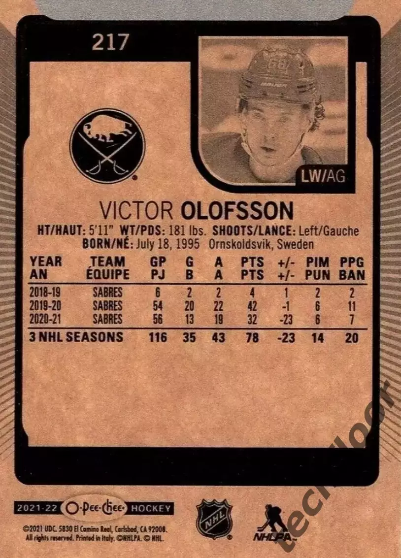 Карточка NHL Victor Olofsson Buffalo Sabres/ Виктор Олофссон Баффало НХЛ 1
