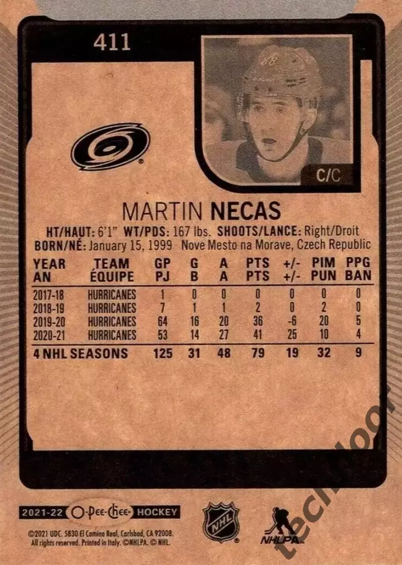 Карточка NHL Martin Necas Carolina Hurricanes/ Мартин Нечас Каролина НХЛ 1