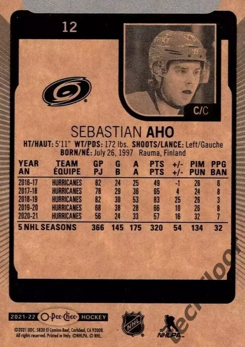 Карточка NHL Sebastian Aho Carolina Hurricanes/ Себастьян Ахо Каролина НХЛ 1