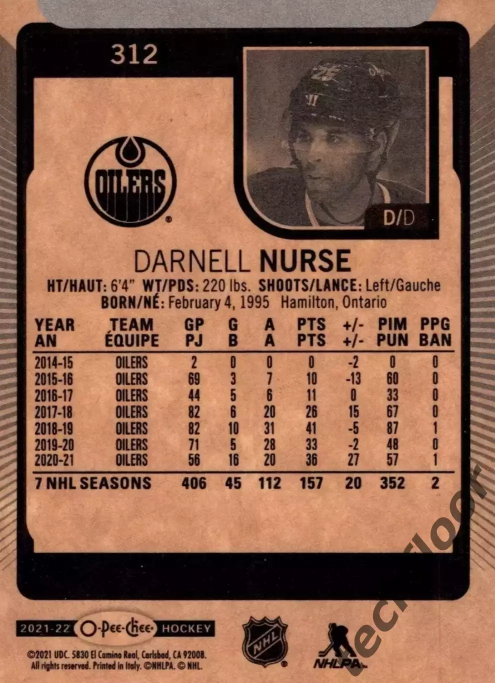 Карточка NHL Darnell Nurse Edmonton Oilers/Дарнелл Нерс Эдмонтон НХЛ 1