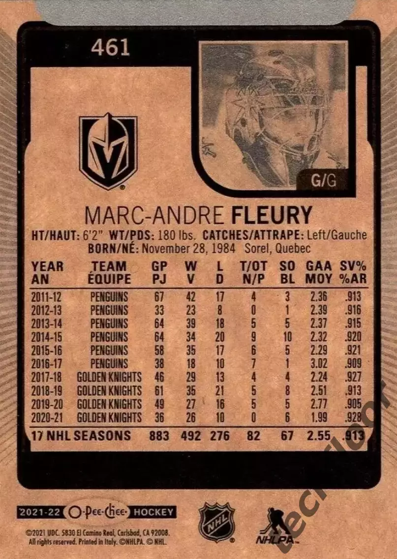 Карточка NHL Marc-Andre Fleury Vegas Golden Knights/Марк-Андре Флери Вегас НХЛ 1