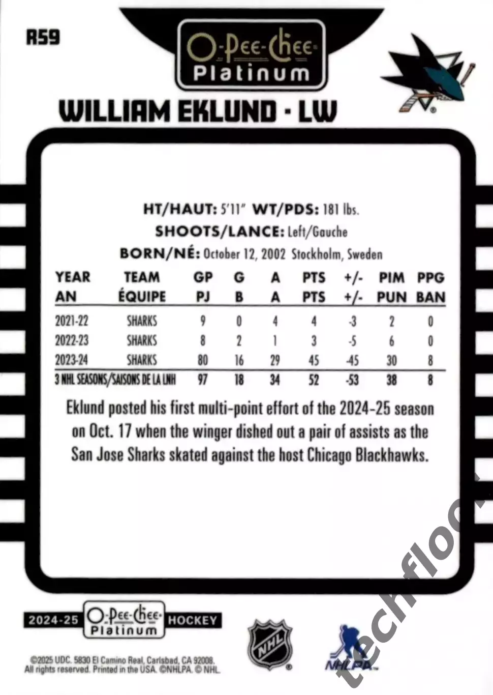 Карточка NHL William Eklund San Jose Sharks/Виллиам Эклунд Сан-Хосе НХЛ 1