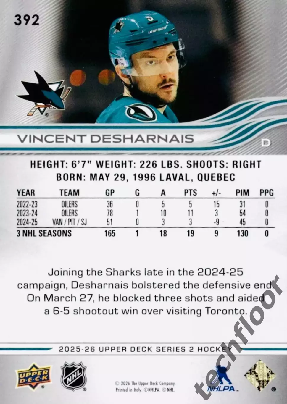 Карточка NHL Vincent Desharnais San Jose Sharks/ Винсент Деарне Сан-Хосе НХЛ 1