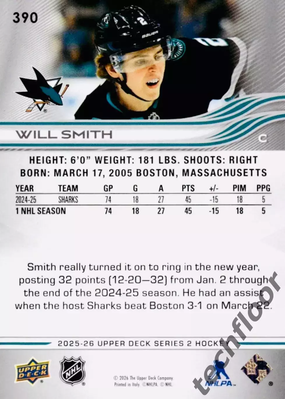 Карточка NHL Will Smith San Jose Sharks/ Уилл Смит Сан-Хосе НХЛ 1