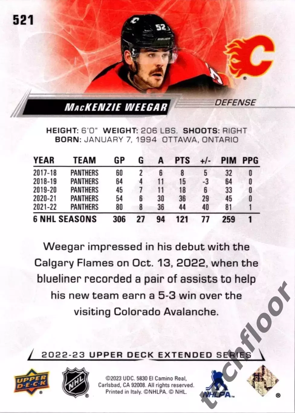 Карточка NHL MacKenzie Weegar Calgary Flames/ Маккензи Уигер Калгари НХЛ 1
