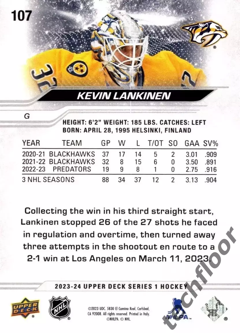 Карточка NHL Kevin Lankinen Nashville Predators/Кевин Ланкинен Нэшвилл НХЛ 1