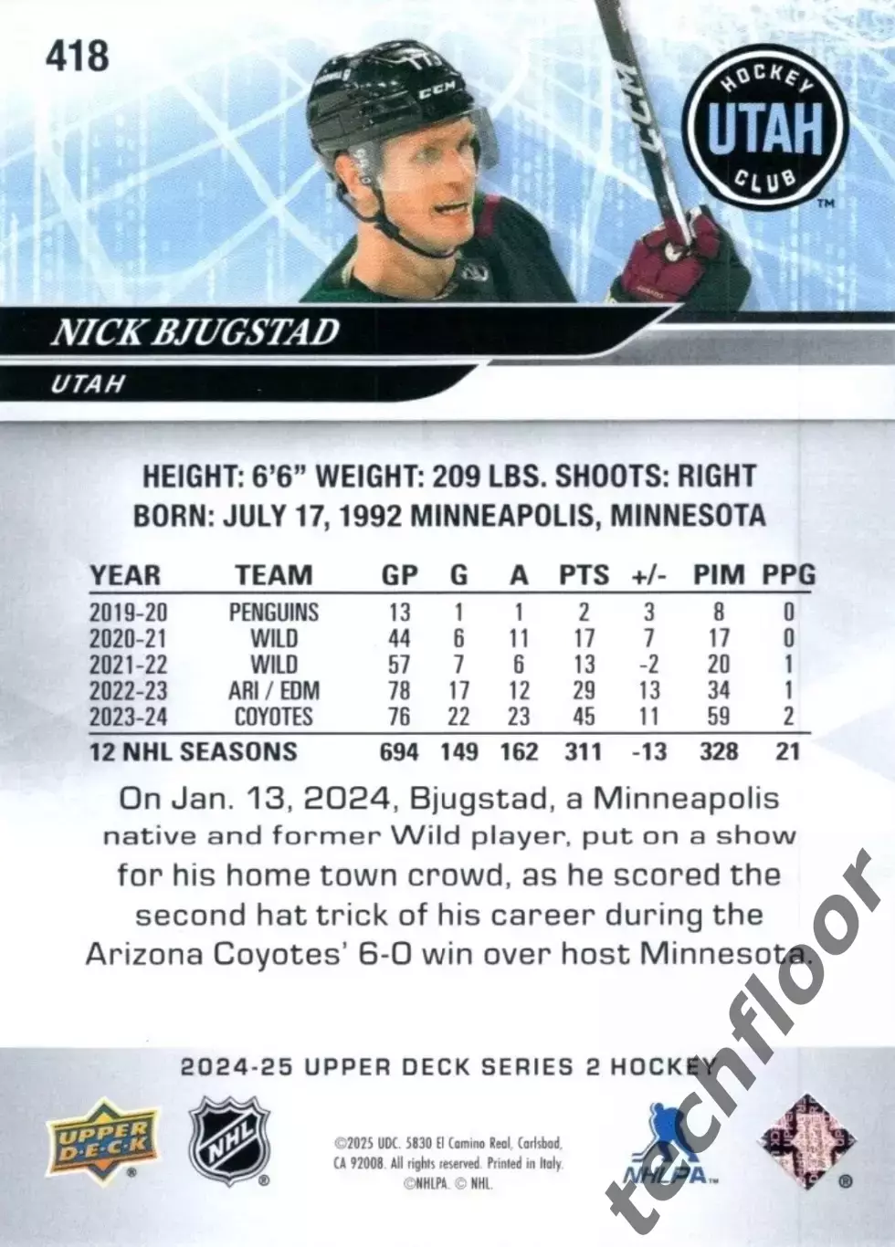 Карточка NHL Nick Bjugstad Utah Mammoth/Ник Бьюгстад Юта НХЛ 1