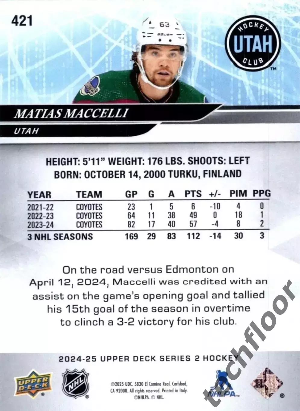 Карточка NHL Matias Maccelli Utah Mammoth/Матиас Маччелли Юта НХЛ 1