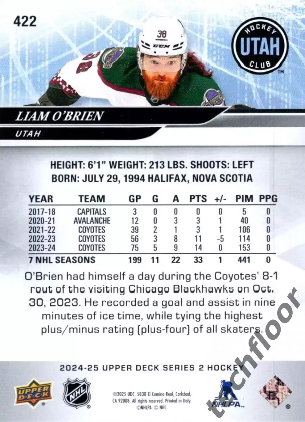 Карточка NHL Liam O’Brien Utah Mammoth/Лайам О’Брайэн Юта НХЛ 1