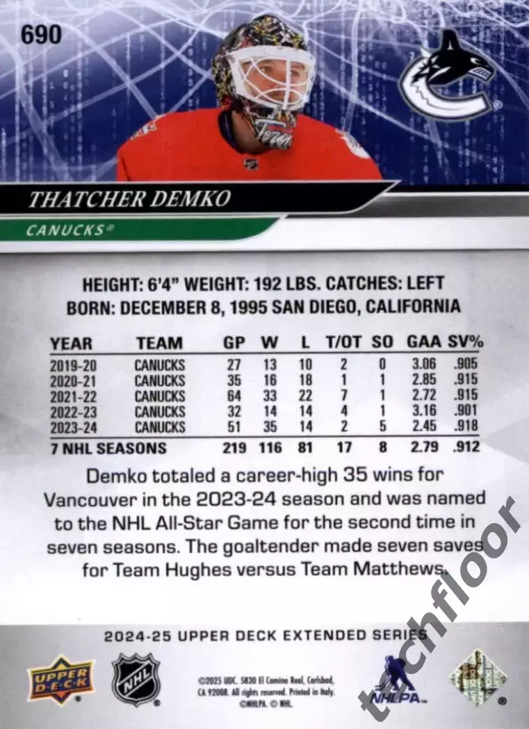 Карточка NHL Thatcher Demko Vancouver Canucks/ Тэтчер Демко Ванкувер НХЛ 1